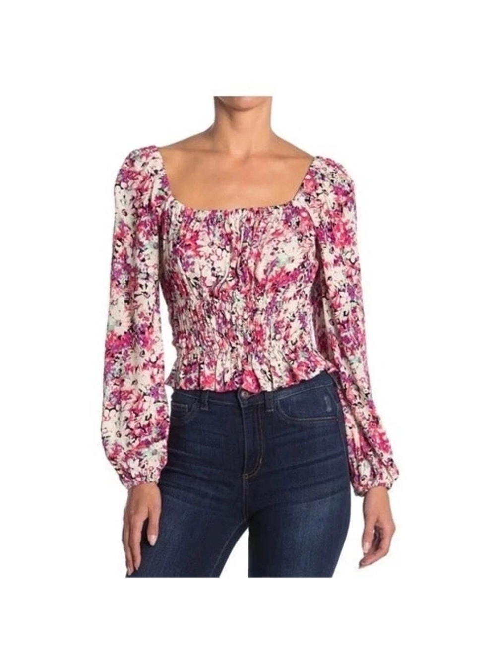 ASTR the Label Floral Smocked Long-Sleeve Crop Top in Pink Small